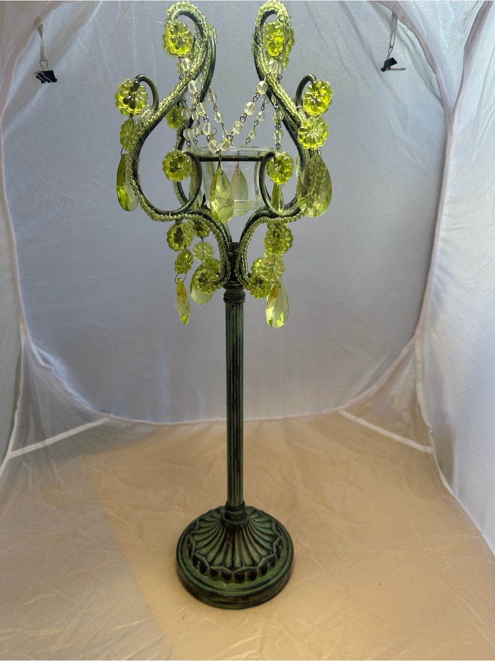 20" Vintage Style Green Beaded Crystal Tabletop Candle Holder Votive Shabby Chic